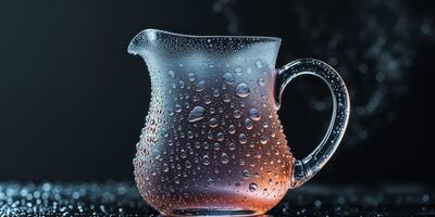 A pitcher of water with water droplets on the surface photo