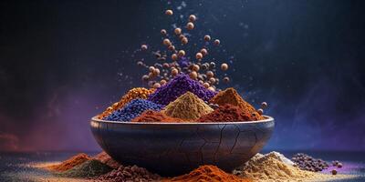 Colorful spices in a bowl on a dark background photo