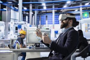 Photovoltaics factory engineer utilizing virtual reality to simulate and optimize production line efficiency. Solar panels plant worker uses VR for workflow enhancement of robotic assembly processes photo