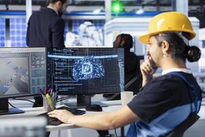 Engineer training AI models at workstation in solar panel production facility to identify manufacturing problems. Factory worker using machine learning to improve process optimization photo