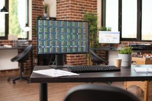 Digital display of financial stock data in vacant startup office focusing on market strategy research. Desktop monitor displaying business analytics tools, ready for use in brick wall room. photo