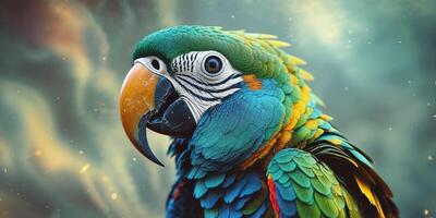 A colorful parrot with a blue beak and yellow eyes photo
