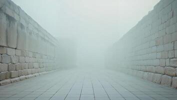 An empty stone wall is seen in the fog photo