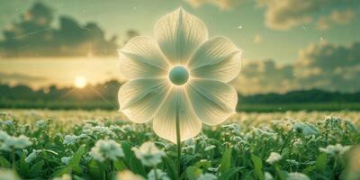 A white flower in a field with the sun setting behind it photo