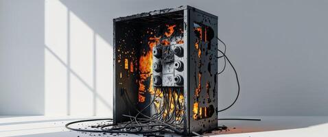 A burned computer with wires and cables photo