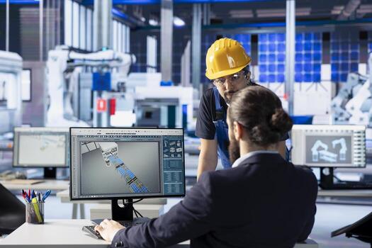 Photovoltaics factory engineering team doing performance testing of solar panel designs. Teamworking colleagues improving existing solar panel configurations for cost reduction photo