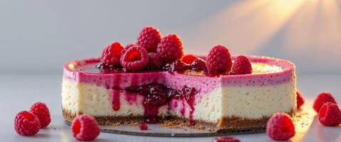 A cheesecake with raspberry sauce and raspberries photo