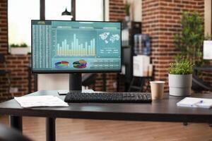 Empty brick wall room displays computer monitor with financial analysis results placed on table with paperwork and coffee nearby. Startup office setup supports efficient and accurate company research. photo