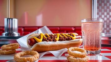 A hot dog with onion rings on a table photo