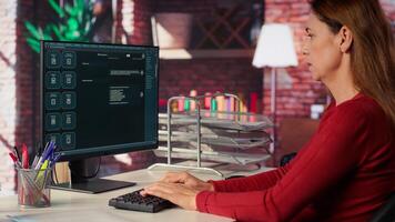 Woman typing prompts into an AI powered chat system on her computer, advanced virtual assistant showcases futuristic algorithms and smart solutions for productivity and connectivity. Camera A. photo