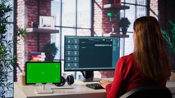 Woman interacting with intelligent AI chatbot next to mockup display, using innovative system. Machine learning enhances efficiency and communication through advanced algorithms. Camera B. photo