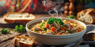 Chicken noodle soup with vegetables and bread photo