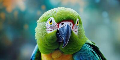 A close up of a parrot's face with yellow eyes photo