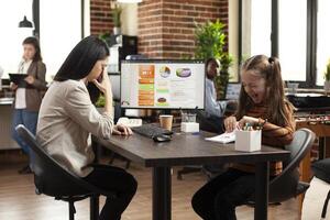 Mother trying to work on computer but daughter loudly interrupts at table, drawing attention in startup company office. Young woman with hand on face, annoyed by little girl disturbing at desk. photo