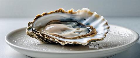 A white shell with an open oyster on top photo