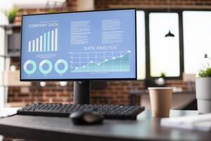 Digital screen in empty business office displaying annual statistics and focusing on database research. Closeup of desktop monitor on table showing data analysis information at startup workplace. photo
