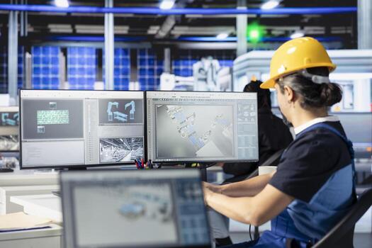 Photovoltaics factory specialist using PC to do performance testing of solar panel designs. Employee looking at computer monitor, improving existing solar panel configurations for cost reduction using photo