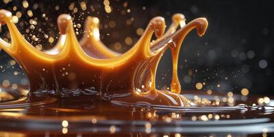 Close up shot of caramel liquid pouring and splashing with a dark blurred background creating a crown photo