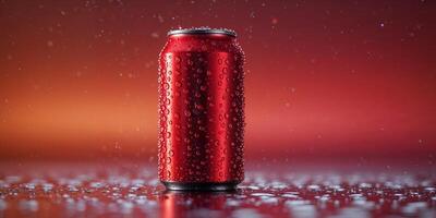 A red soda can covered in small droplets of condensation. photo