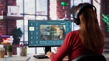 Mature developer coding cloud computing with AI chatbot on pc, working from her home and focuses on the software development process for productivity and innovation. Prompts for code. Camera A. photo