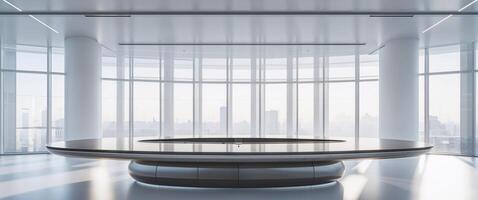 A large circular table in a room with a city view photo
