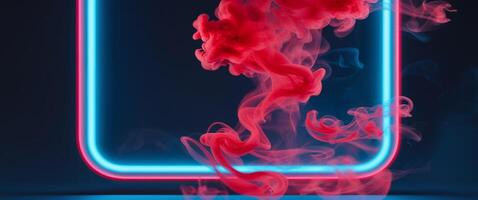 A neon pink smoke ring is shown in front of a phone photo