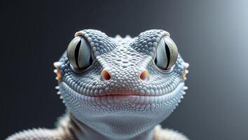 A close up of a gecko's face on a black background. photo