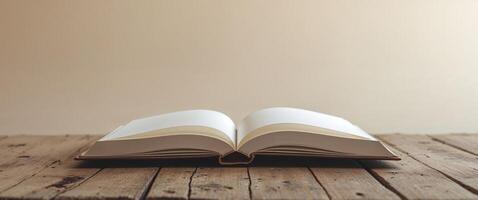 Open Book with Blank Pages on Wooden Table Ready for Writing photo