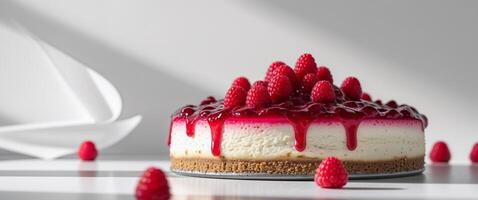 A cheesecake with raspberry sauce and white paper boats photo
