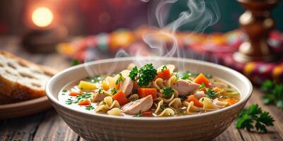 Homemade Chicken Noodle Soup with Vegetables and Fresh Bread photo