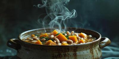 Steaming pot of hearty vegetable soup with butternut squash and white beans on a dark background close up shot for delicious and healthy meal. photo