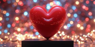 A red heart on a black square with lights in the background photo