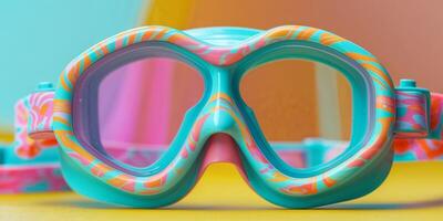 A set of kids snorkeling goggles in playful colors on a bright yellow background. photo
