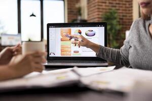Female consultant pointing at the laptop screen displaying business analytics, during discussion with colleague. Selective focus on a digital device on office desk showing company data charts. photo