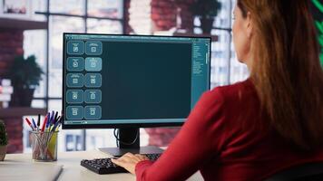 Focused woman working with an AI chatbot on her desktop computer, offering real time assistance and powerful online tools. Advanced system displays how machine learning provides support. Camera A. photo