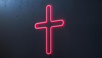 Abstract Red Neon Light Cross Design Glowing on Dark Surface. photo