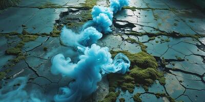 A blue smoke trail is flowing through the ground photo
