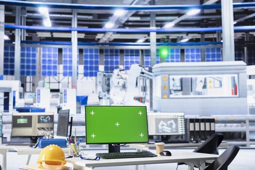 Green screen PC display used to adjust photovoltaics factory system parameters. Chroma key mockup computer monitor used for optimizing energy supply in solar panel manufacturing plant photo