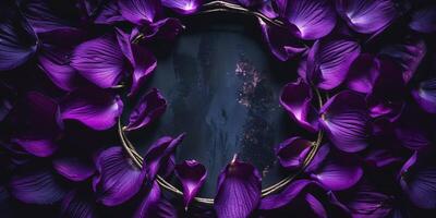 Purple petals surround a circular frame on a black background photo
