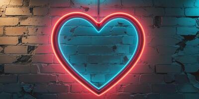 Neon heart on brick wall background photo