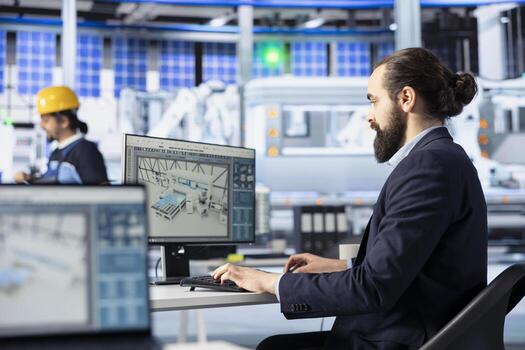 Photovoltaics factory engineer creating CAD models and technical drawings for solar modules. Employee developing and optimizing solar panel designs for efficiency and manufacturability photo