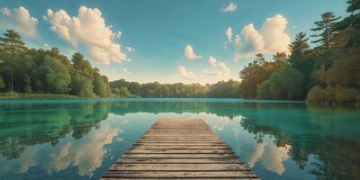 A wooden dock leads to a lake with trees and clouds photo