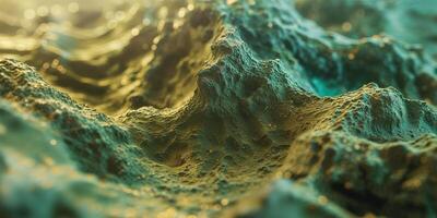 3d rendering of a green mountain with a sun shining through it photo