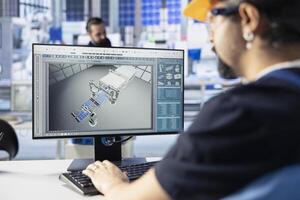 Industrial automation engineer in solar panel plant adjusting robotic machinery settings through PC software interface. Close up of photovoltaics factory worker diagnosing equipment performance issues photo
