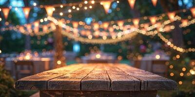 Rustic wooden table with blurred festive lights and colorful bunting decorations in the background at an outdoor event photo