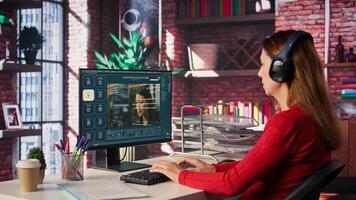 IT engineer at desk generating code algorithm with AI powered chat, programming on monitor and writing lines of code. Woman debugging software on a terminal window interface. Camera B. photo