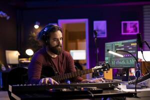 Skilled artist musician composing a song and playing his guitar, acoustical engineering techniques with daw software interface on computer. Producer creating music with instruments and audio gear. photo