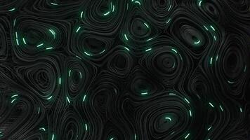 Preto topográfico circular linhas com corrida matriz código e verde néon video