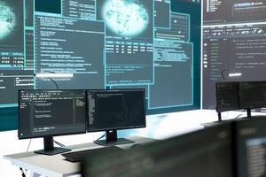Cyber security monitoring room with high tech equipment. Governmental focus on cyber operations, cyber surveillance, and digital threats protection in an empty command workspace. photo