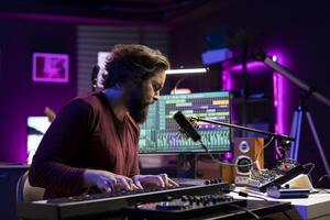 Sound engineer working in home studio with daw software interface, playing piano notes and editing audio recordings. Performer creating tunes on electronic midi controller keyboard. photo
